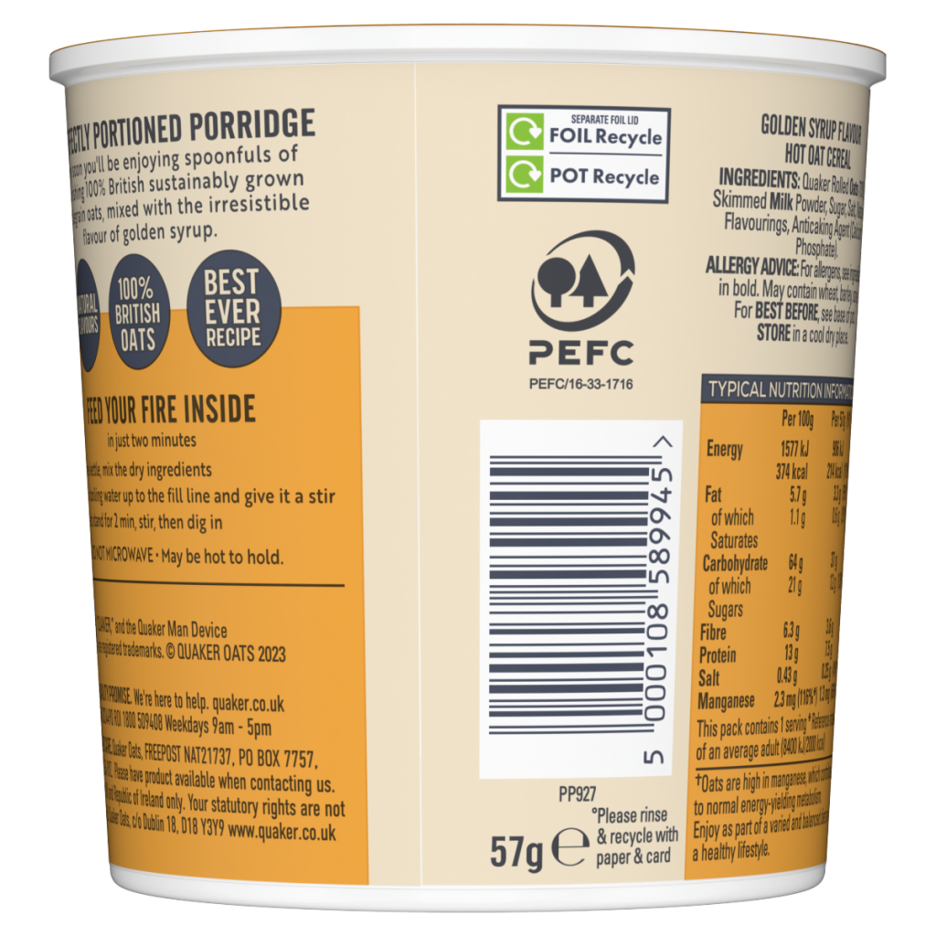 Quaker Oat So Simple Golden Syrup Porridge Pot 57g