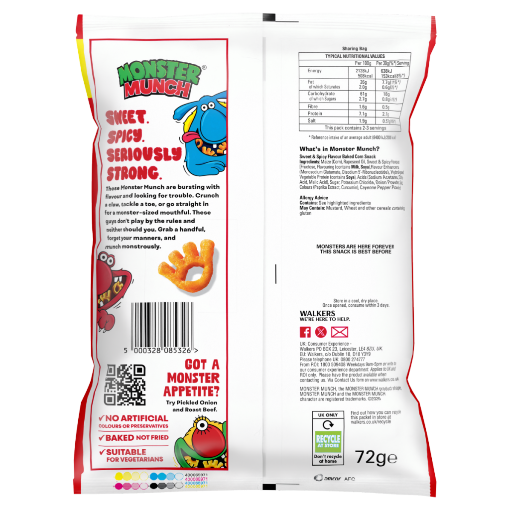 Walkers Monster Munch Sweet & Spicy Snacks RRP £1.49 PMP 72g