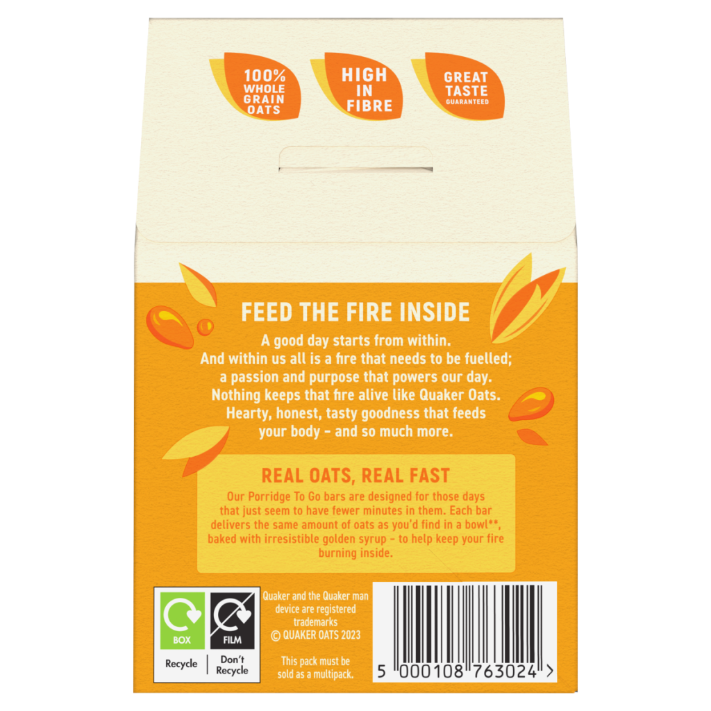 Quaker Porridge To Go Golden Syrup Breakfast Bars 2x55g