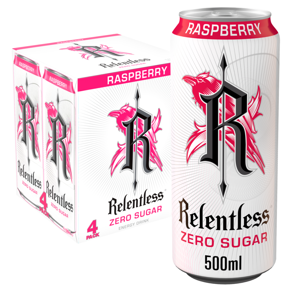 Relentless Zero Sugar Raspberry Energy Drink 4 x 500ml Cans
