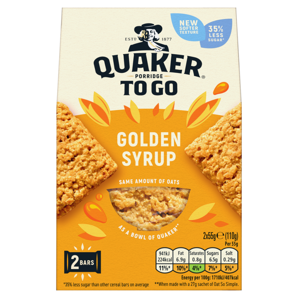Quaker Porridge To Go Golden Syrup Breakfast Bars 2x55g