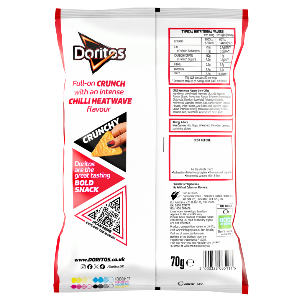 Doritos Chilli Heatwave Tortilla Chips Sharing Bag Crisps 70g PMP RRP £1.49
