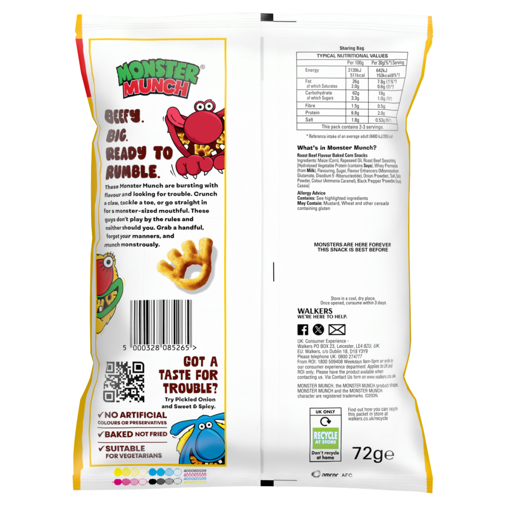 Walkers Monster Munch Roast Beef Crisps 72g PMP £1.49 RRP