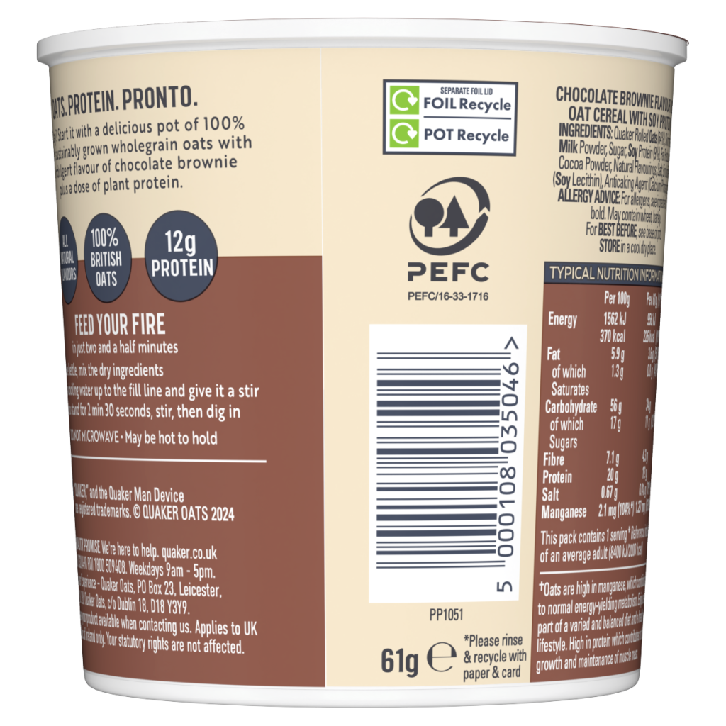 Quaker Oats High Protein Chocolate Brownie Porridge Pot 61g