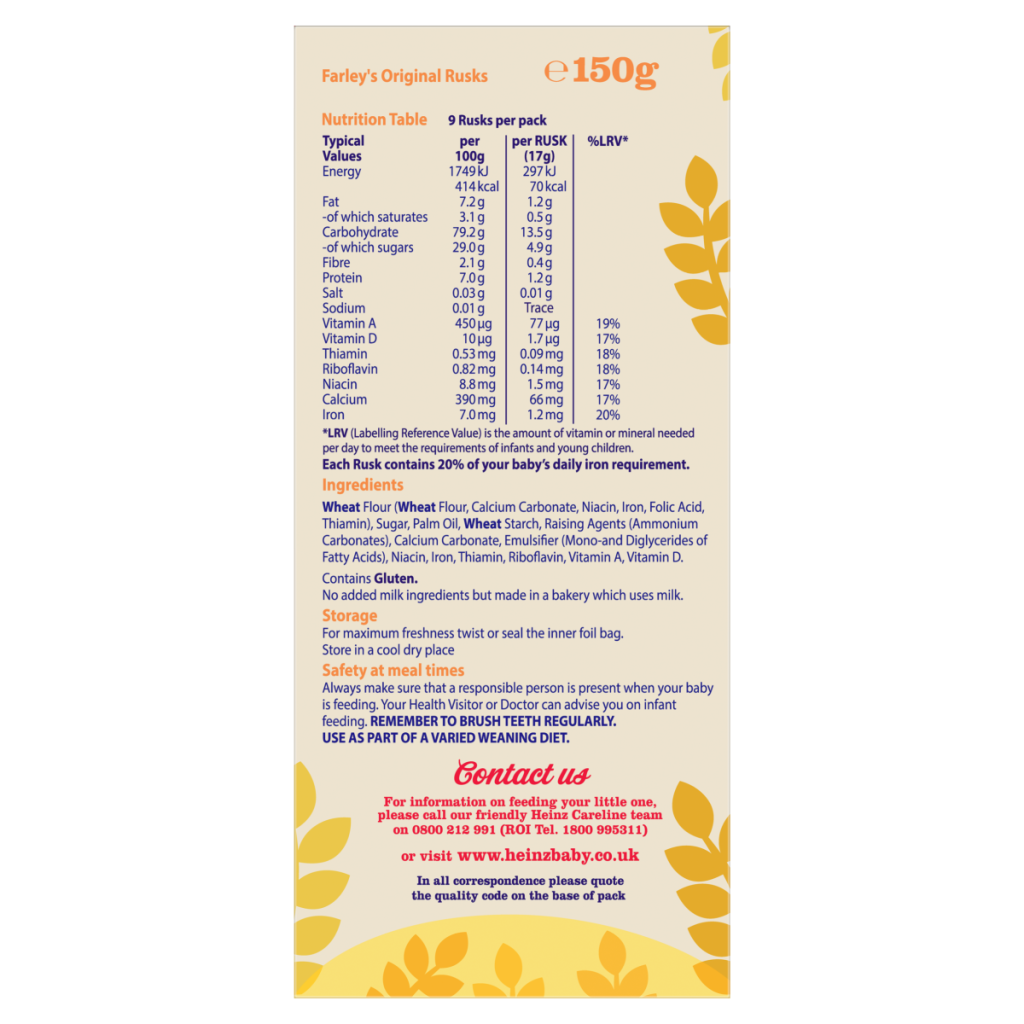 Farley’s Rusks Original Baby Food Snacks 6+ Months 150g