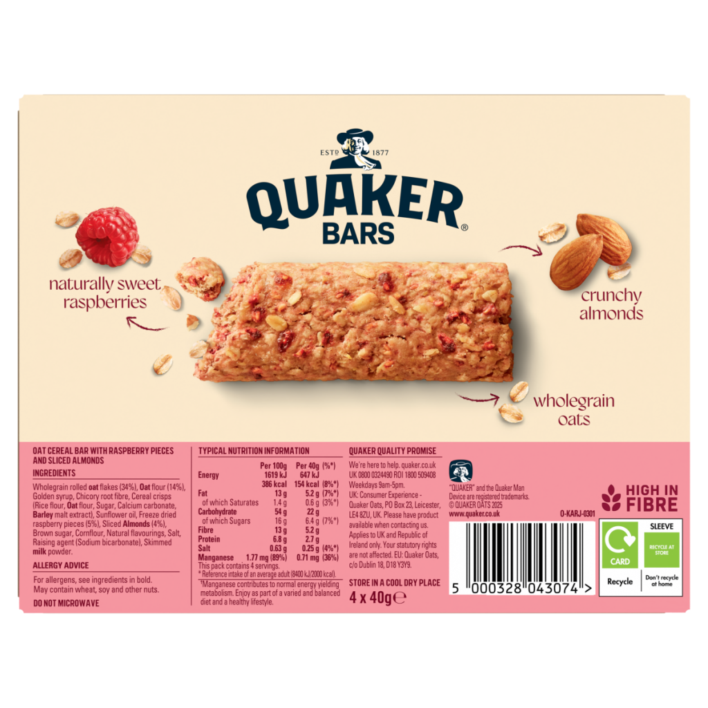 Quaker Oats Raspberries and Almonds Oat Cereal Bar Multipack 4x40g