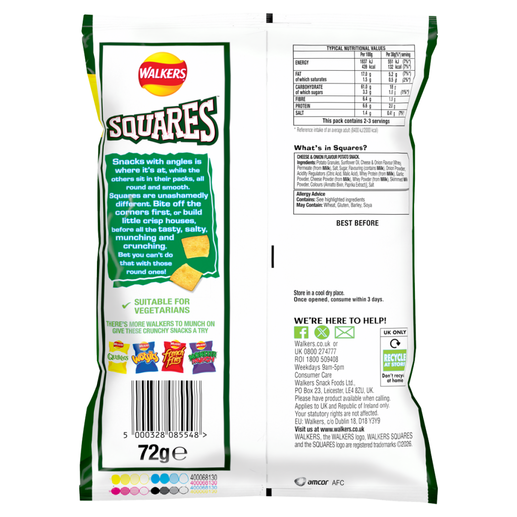 Walkers Squares Cheese and Onion Crisps 72g PMP £1.49 RRP