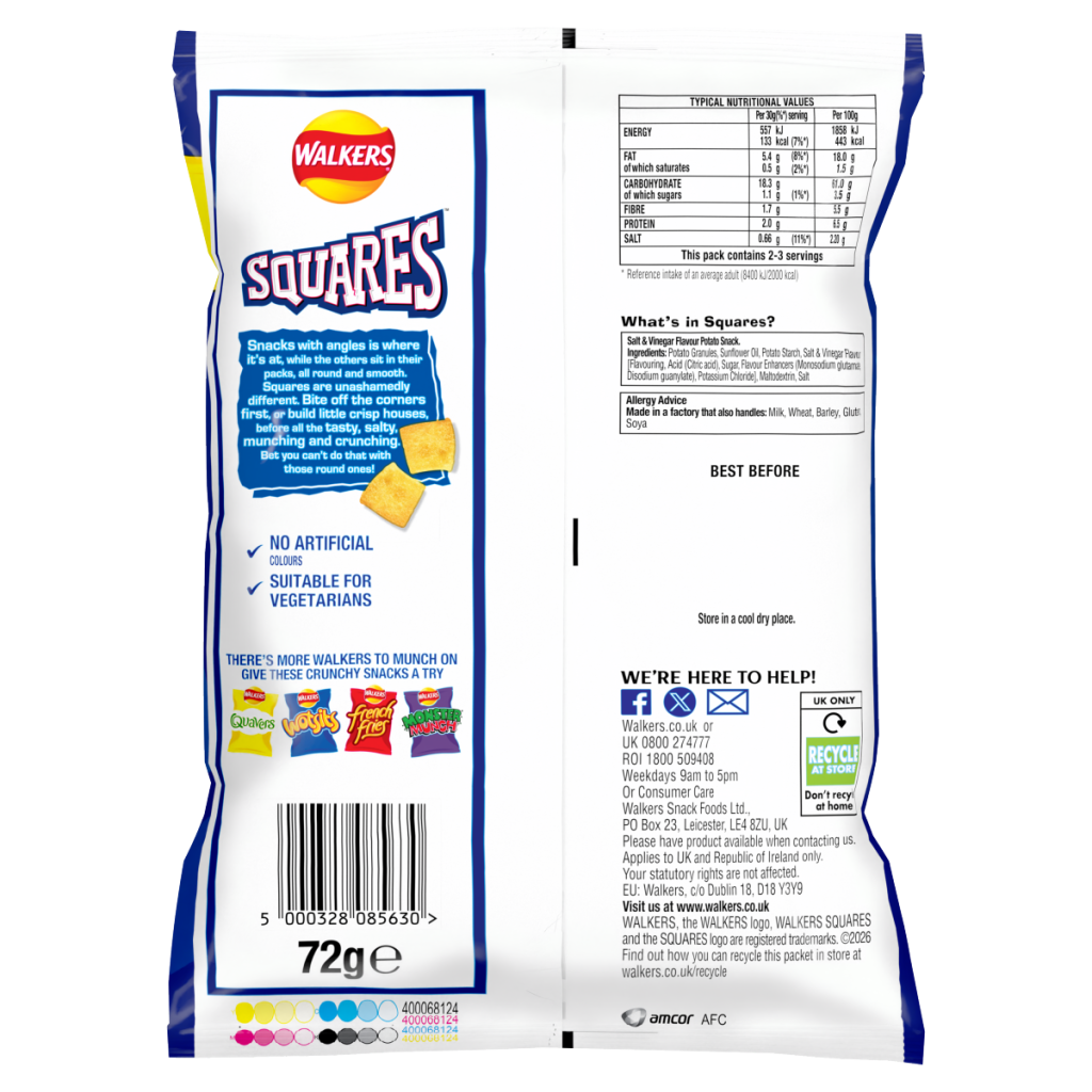 Walkers Squares Salt & Vinegar Crisps 72g PMP £1.49 RRP