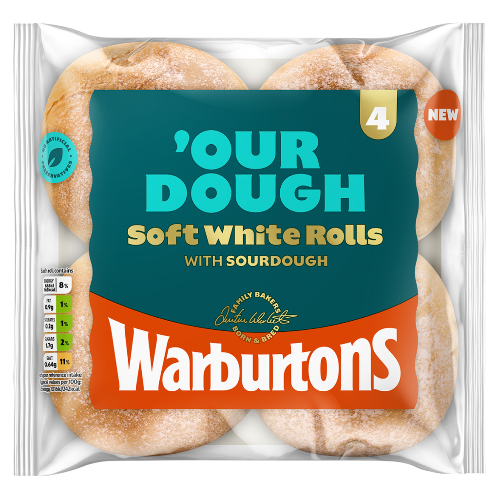 Warburtons ‘Our Dough 4 Soft White Rolls with Sourdough