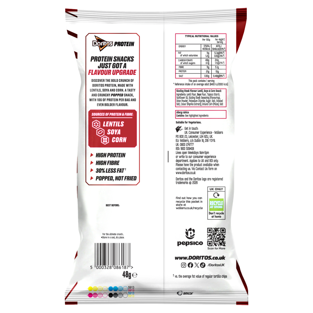 Doritos Protein Tortilla Chips Sizzling Steak Flavour Crisps 48g