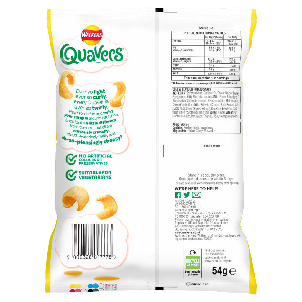 Walkers Quavers Cheese Snacks Crisps RRP £1.25 PMP 54g