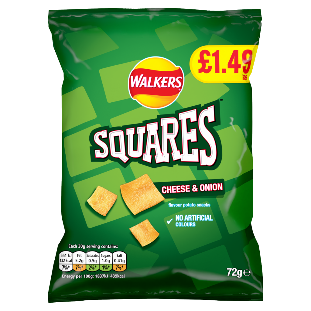 Walkers Squares Cheese and Onion Crisps 72g PMP £1.49 RRP