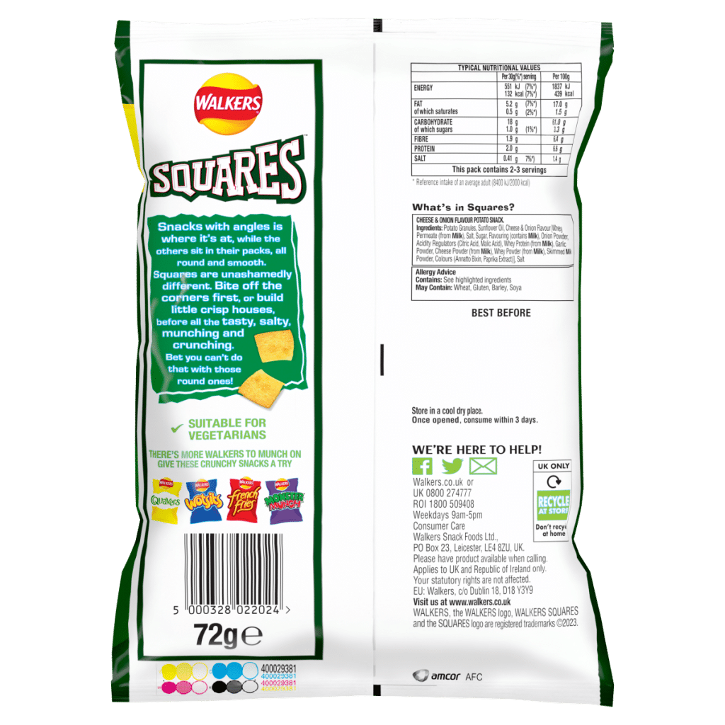 Walkers Squares Cheese and Onion Snacks RRP £1.25 PMP 72g