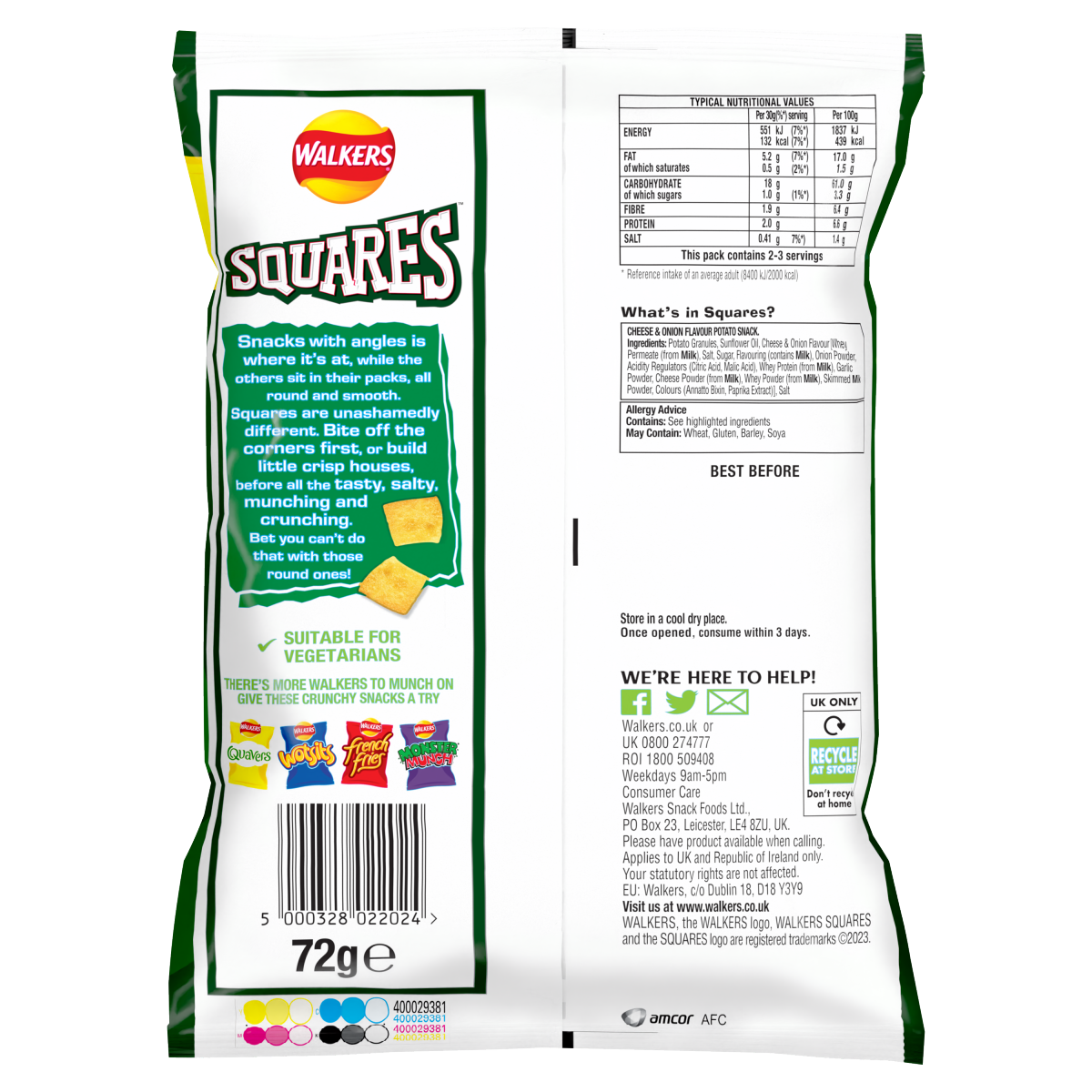 Walkers Squares Cheese and Onion Snacks RRP £1.25 PMP 72g