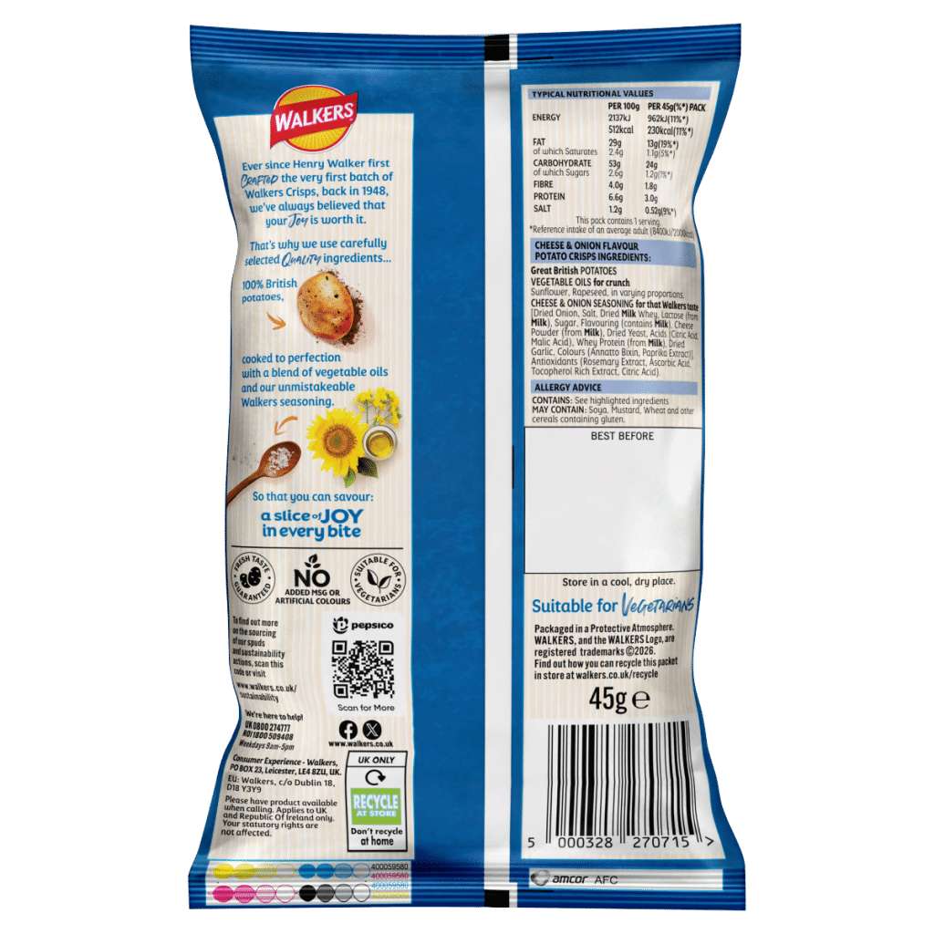 Walkers Cheese & Onion Grab Bag Crisps 45g
