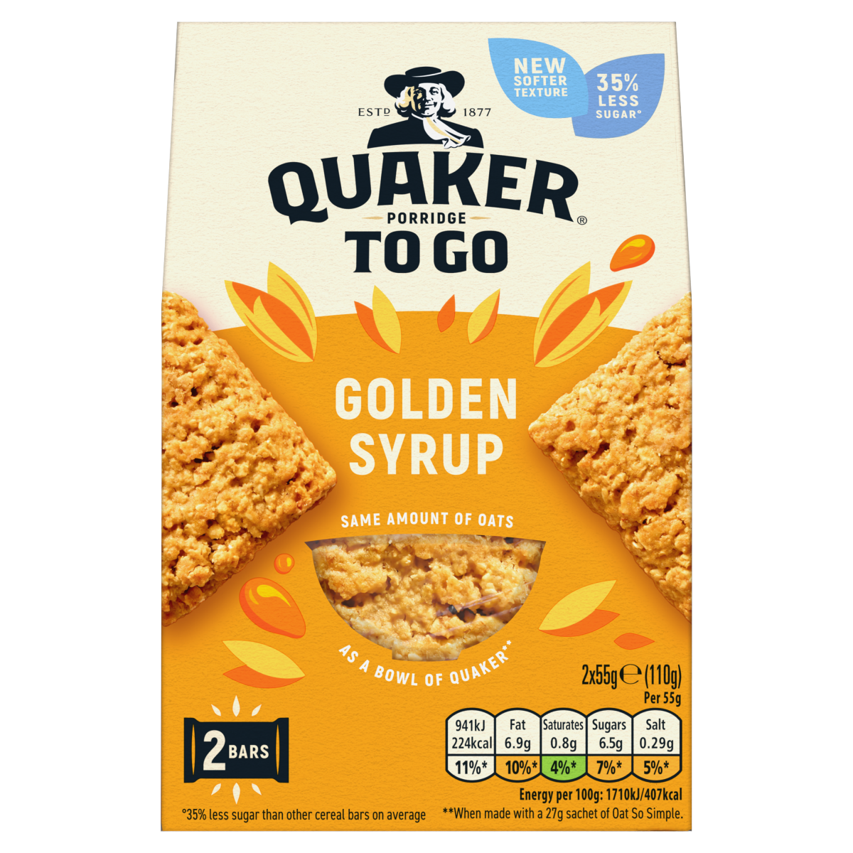 Quaker Porridge To Go Golden Syrup Breakfast Bars 2x55g