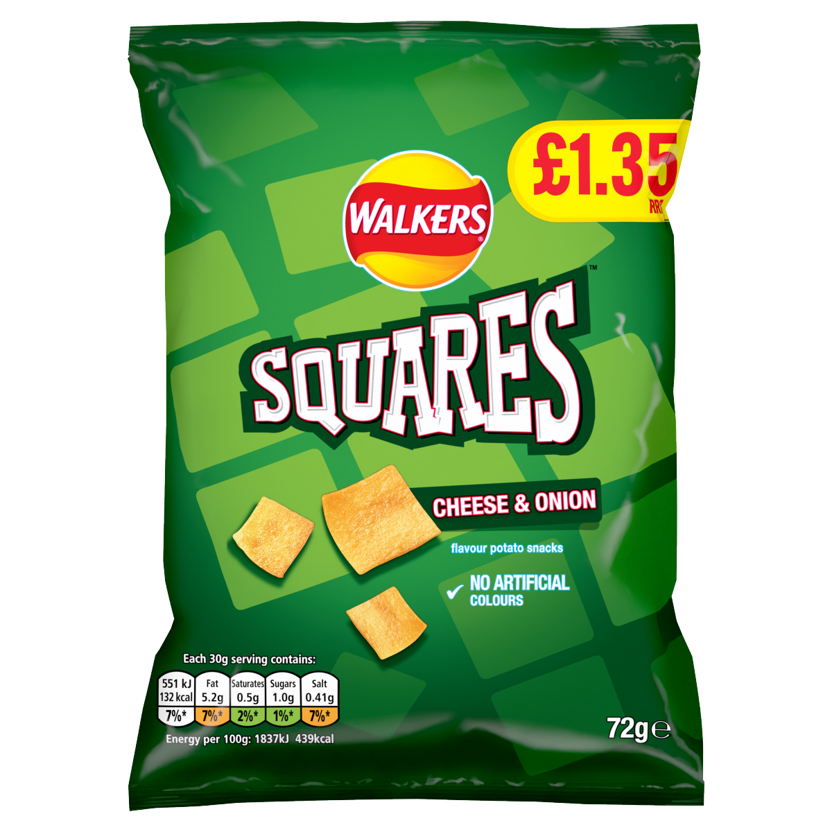 Walkers Squares Cheese and Onion Crisps 72g PMP £1.35 RRP