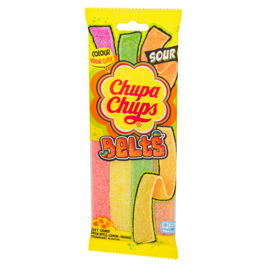 Chupa Chups Green Apple-Lemon-Orange Strawberry Flavour Soft Candy Belts 90g