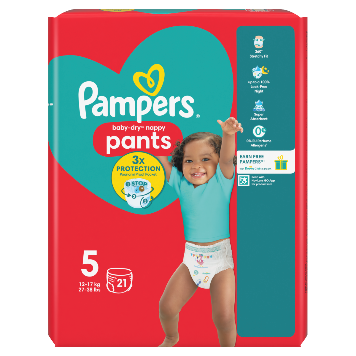 Pampers Baby-Dry Nappy Pants Size 5, 21 Nappies, 12kg-17kg, Carry Pack