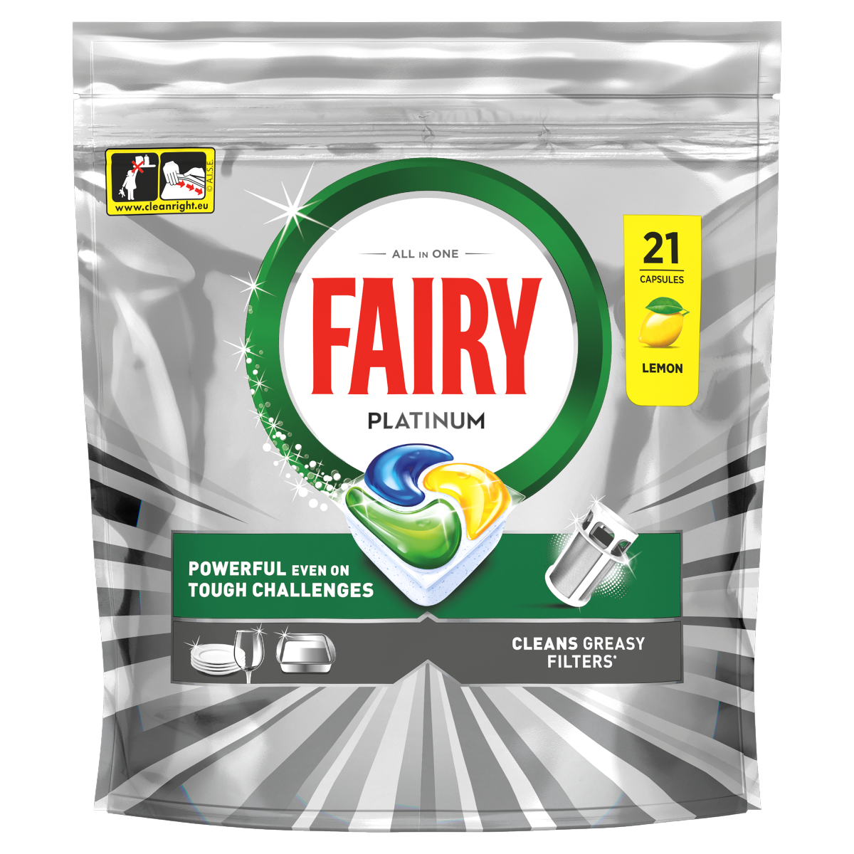 Fairy Platinum Dishwasher Tablets, Lemon, 21 Capsules, Tackles Tough Challenges, Greasy Filter