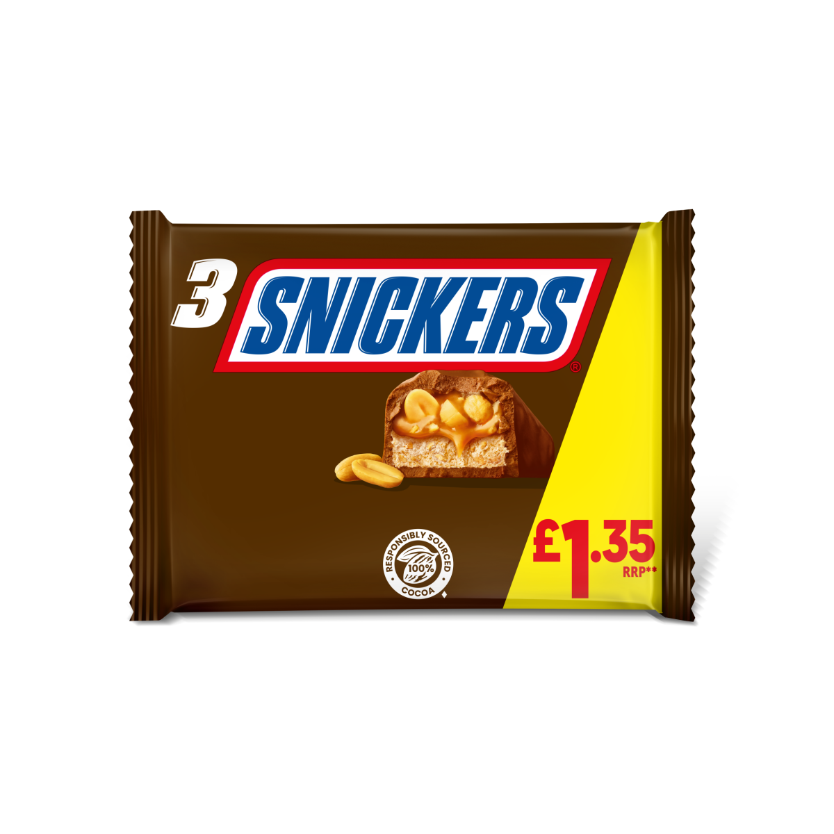 Snickers Caramel, Nougat, Peanuts & Milk Chocolate Bars Multipack £1.35 PMP 3×41.7g