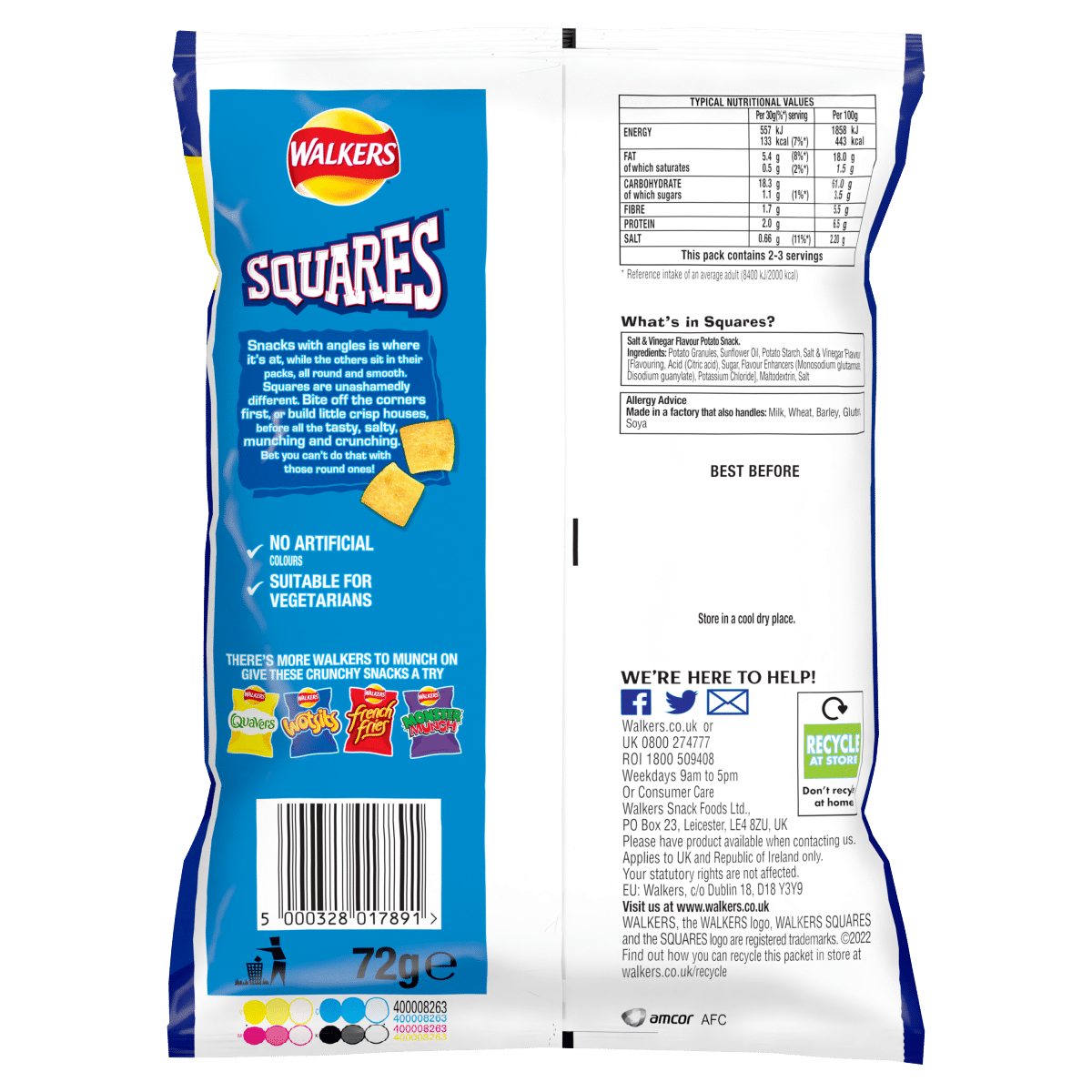 Walkers Squares Salt & Vinegar Snacks £1.25 RRP PMP 72g - One Stop
