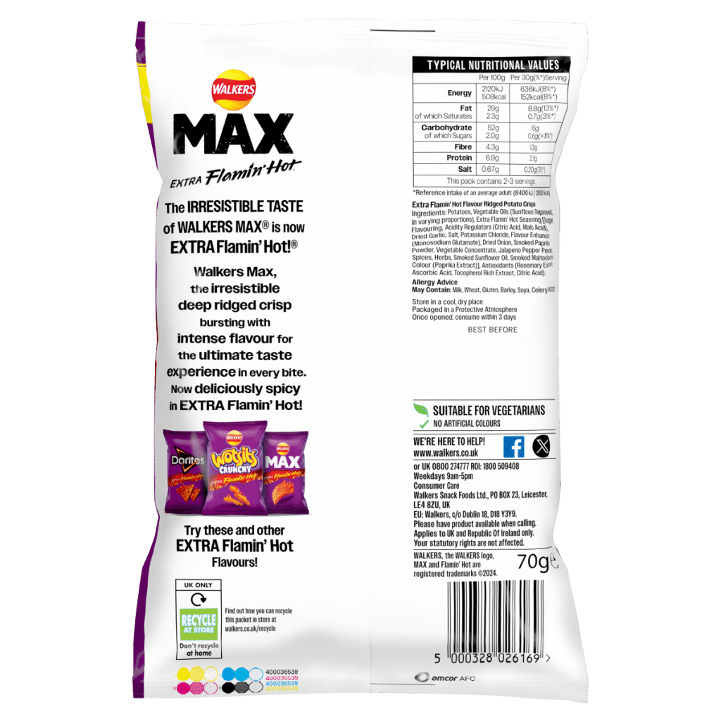 Walkers Max Extra Flamin’ Hot Sharing Bag Crisps 70g PMP