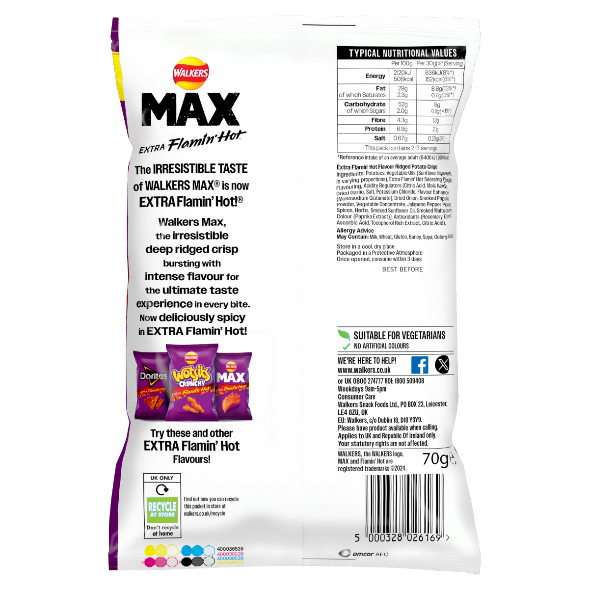 Walkers Max Extra Flamin’ Hot Sharing Bag Crisps 70g PMP