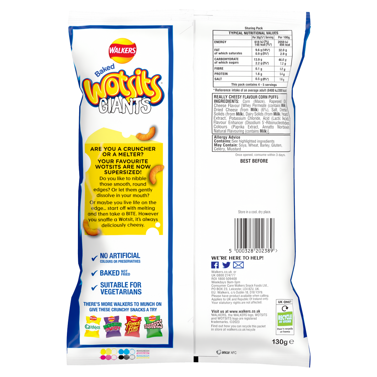 Wotsits Giants Really Cheesy Sharing Cheese Snacks Crisps 130g