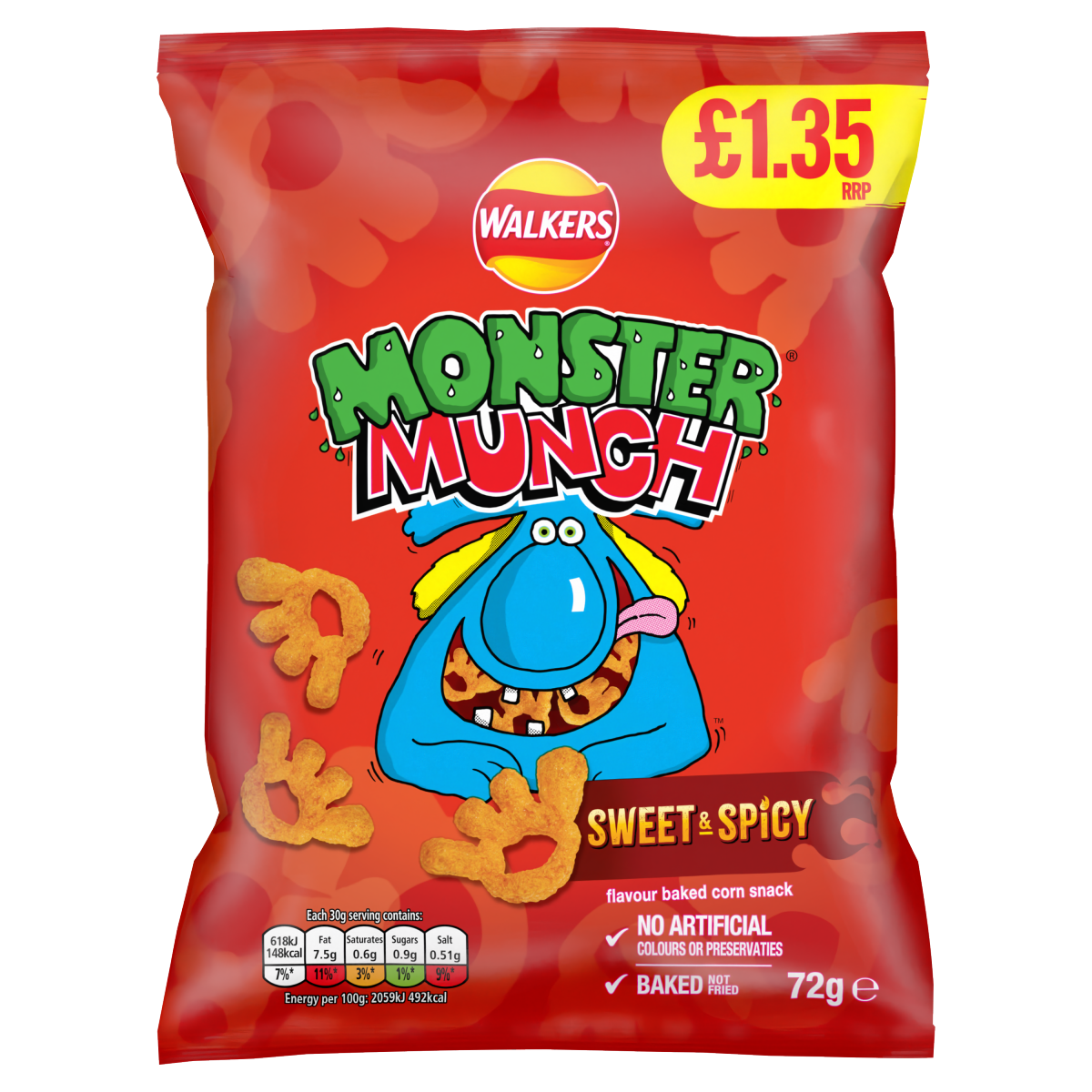Walkers Monster Munch Sweet & Spicy Snacks RRP £1.35 PMP 72g