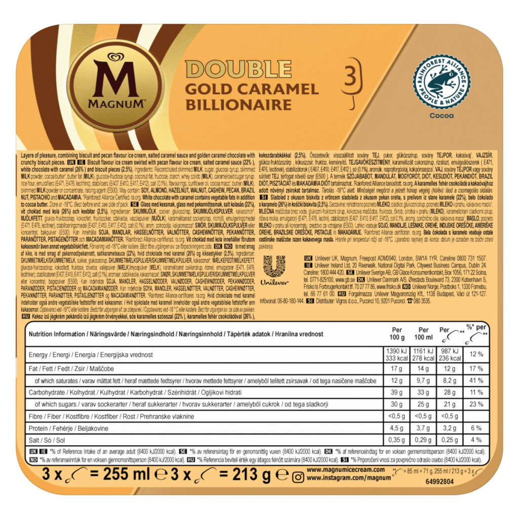 Magnum Ice Cream Sticks Double Gold Caramel Billionaire 3x 85 ml