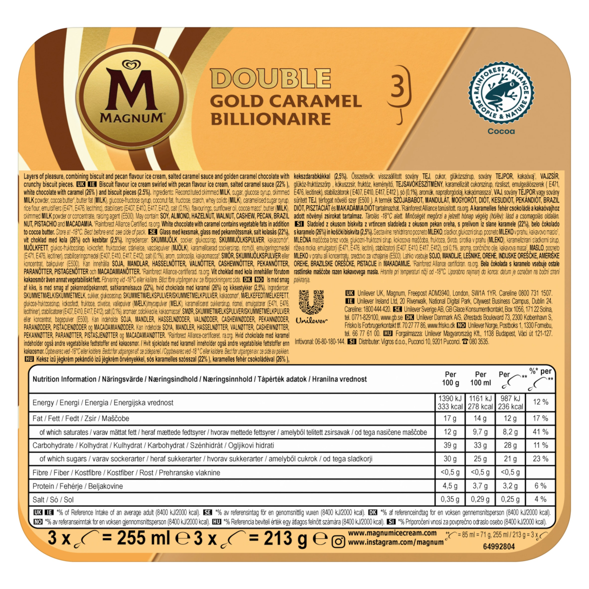 Magnum  Ice Cream Sticks Double Gold Caramel Billionaire 3x 85 ml