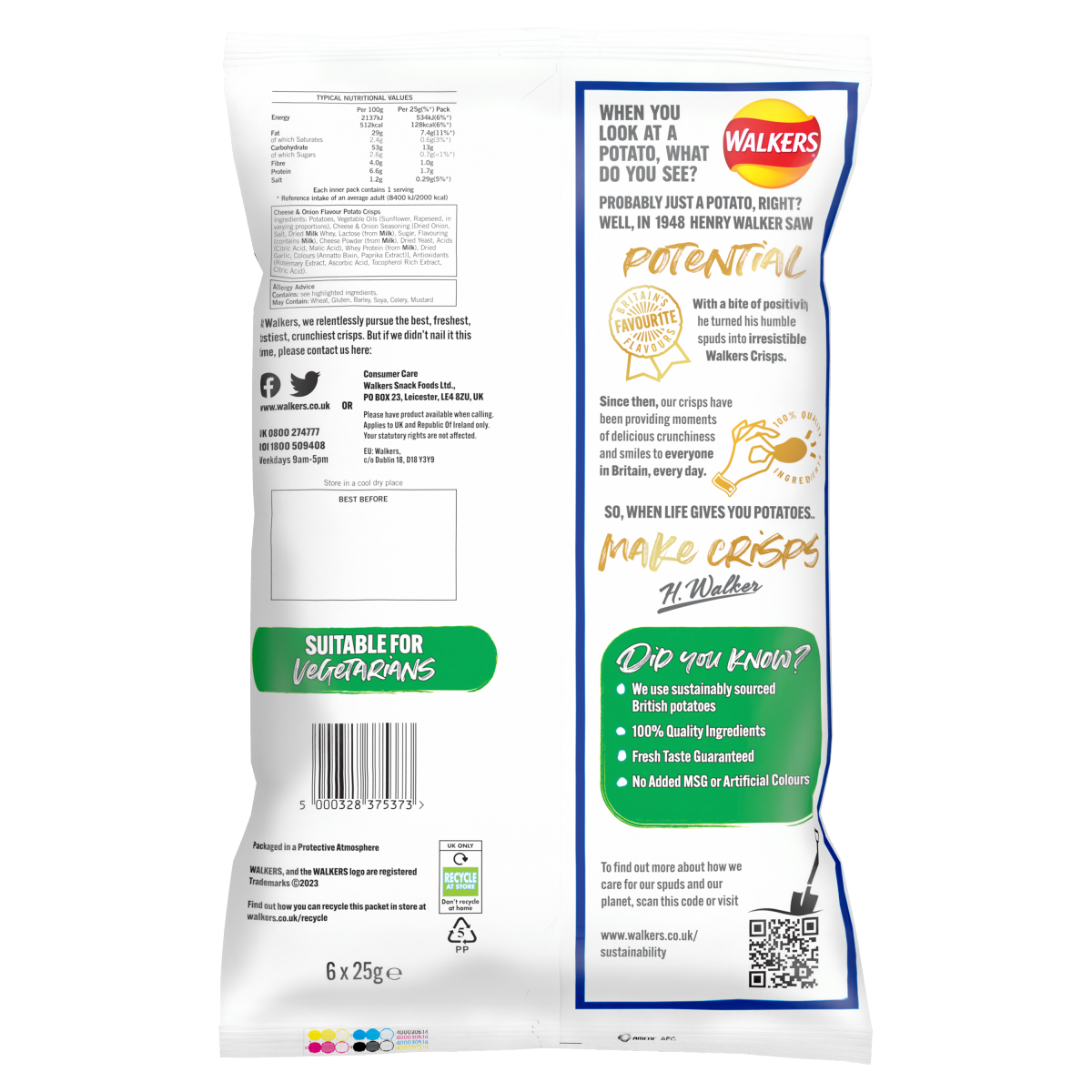 Walkers Cheese & Onion Multipack Crisps 6x25g