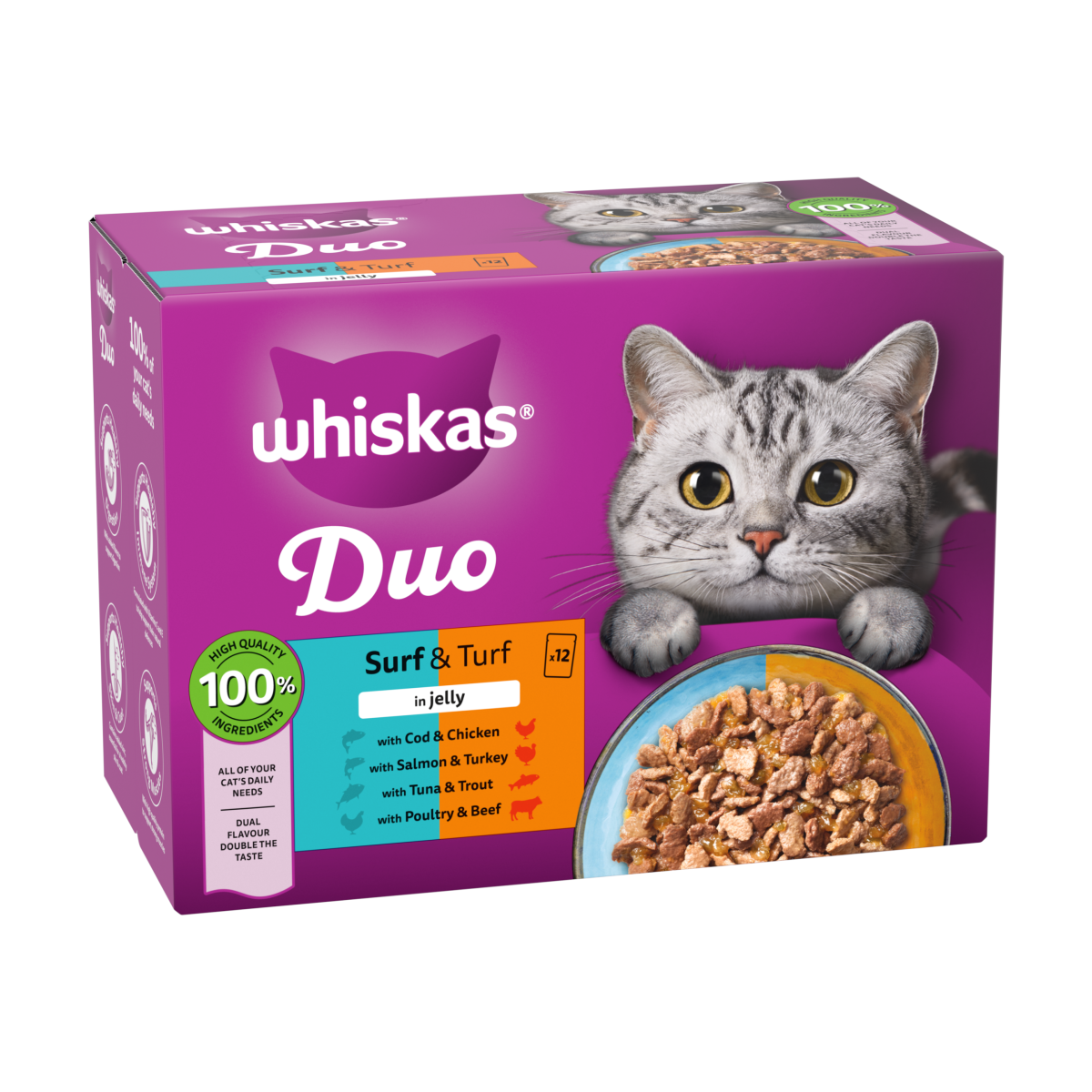 WHISKAS 1+ DUO Surf & Turf Wet Cat Food Pouches in Jelly 12 x 85g