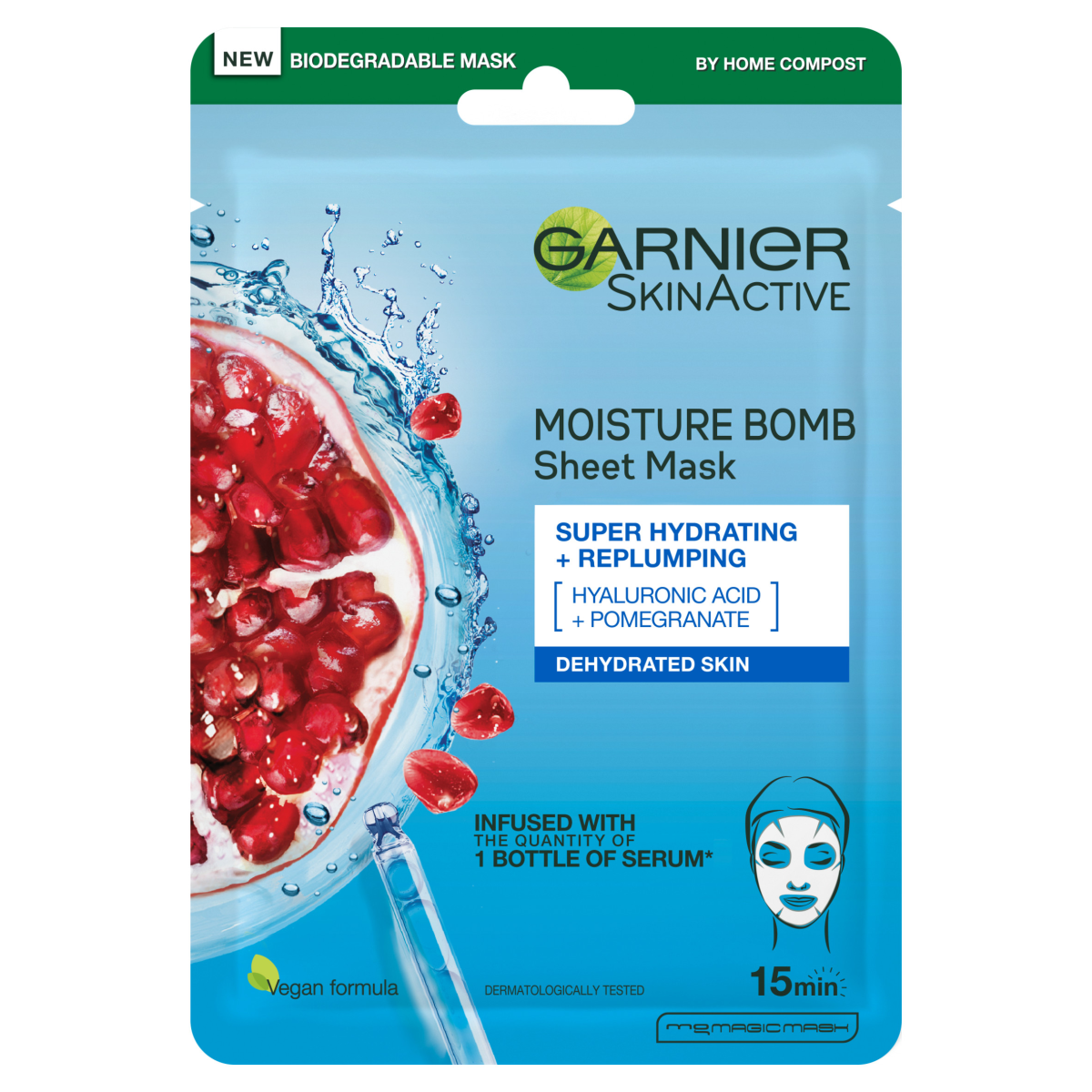 Garnier Moisture Bomb Pomegranate and Hyaluronic Acid Sheet Mask, Hydrating & Replumping, 28g