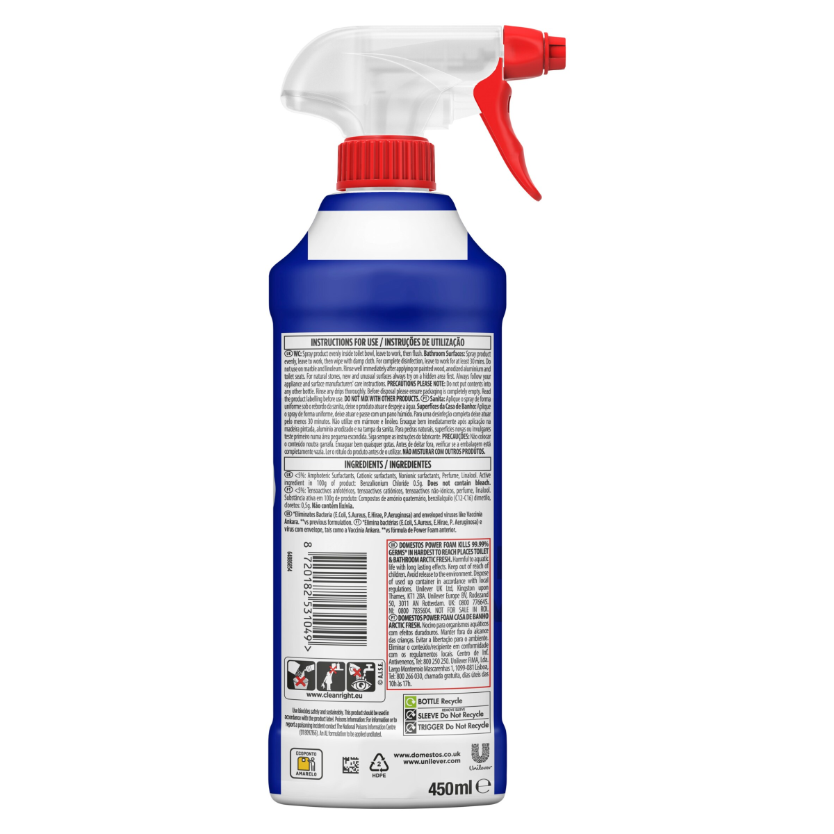 Domestos Toilet & Bathroom Cleaner Spray Power Foam Arctic Fresh 450 ml