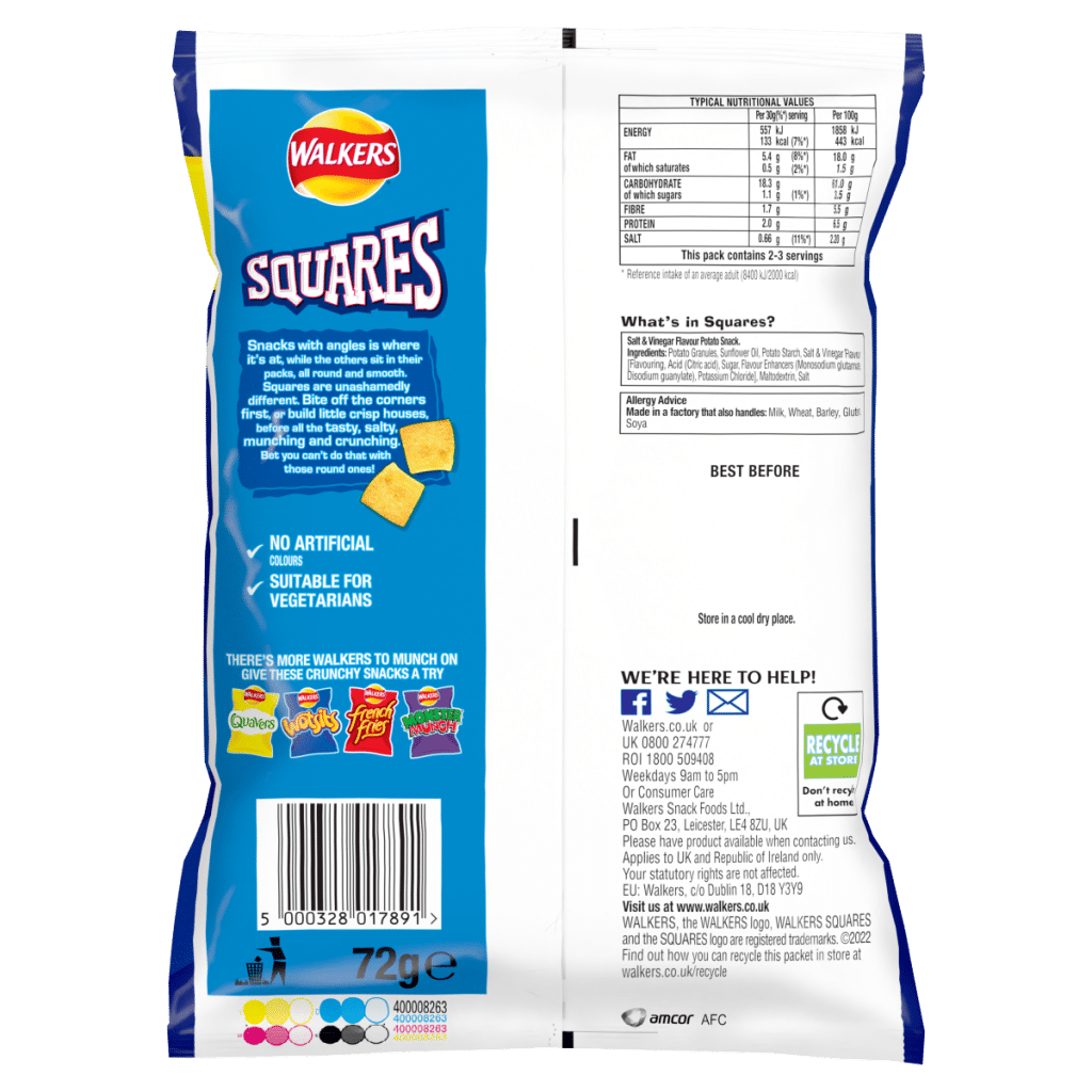 Walkers Squares Salt & Vinegar Snacks £1.25 RRP PMP 72g