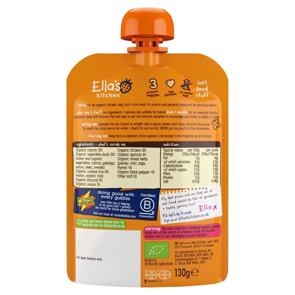 Ella’s Kitchen Organic Chicken and Rice Casserole Baby Pouch 7+ Months 130g