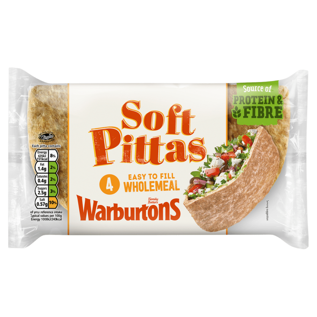 Warburtons 4 Easy to Fill Wholemeal Soft Pittas
