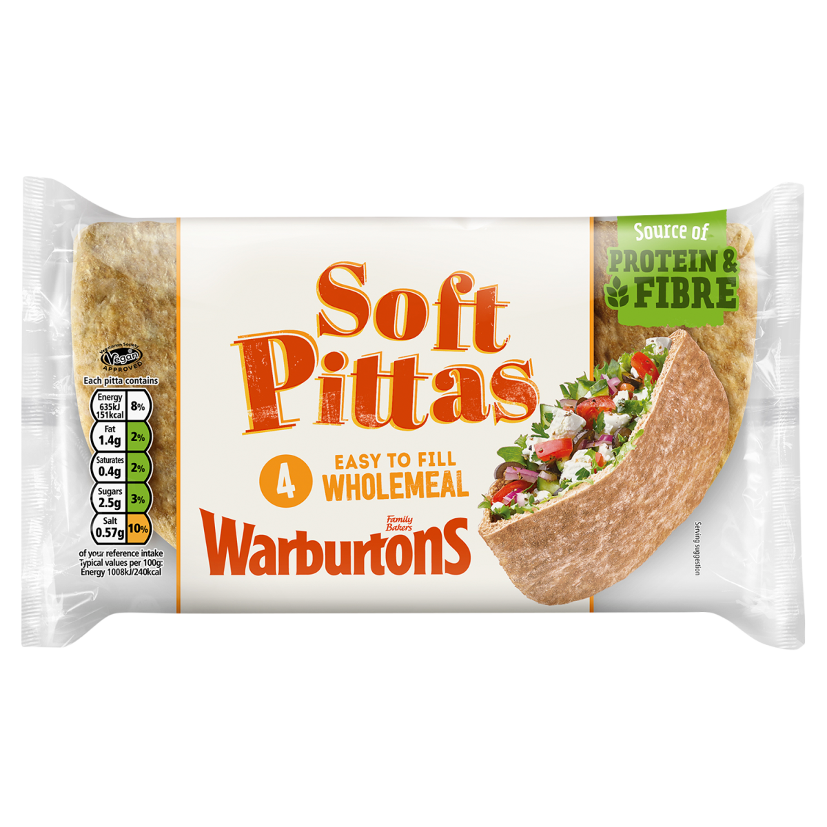 Warburtons 4 Easy to Fill Wholemeal Soft Pittas