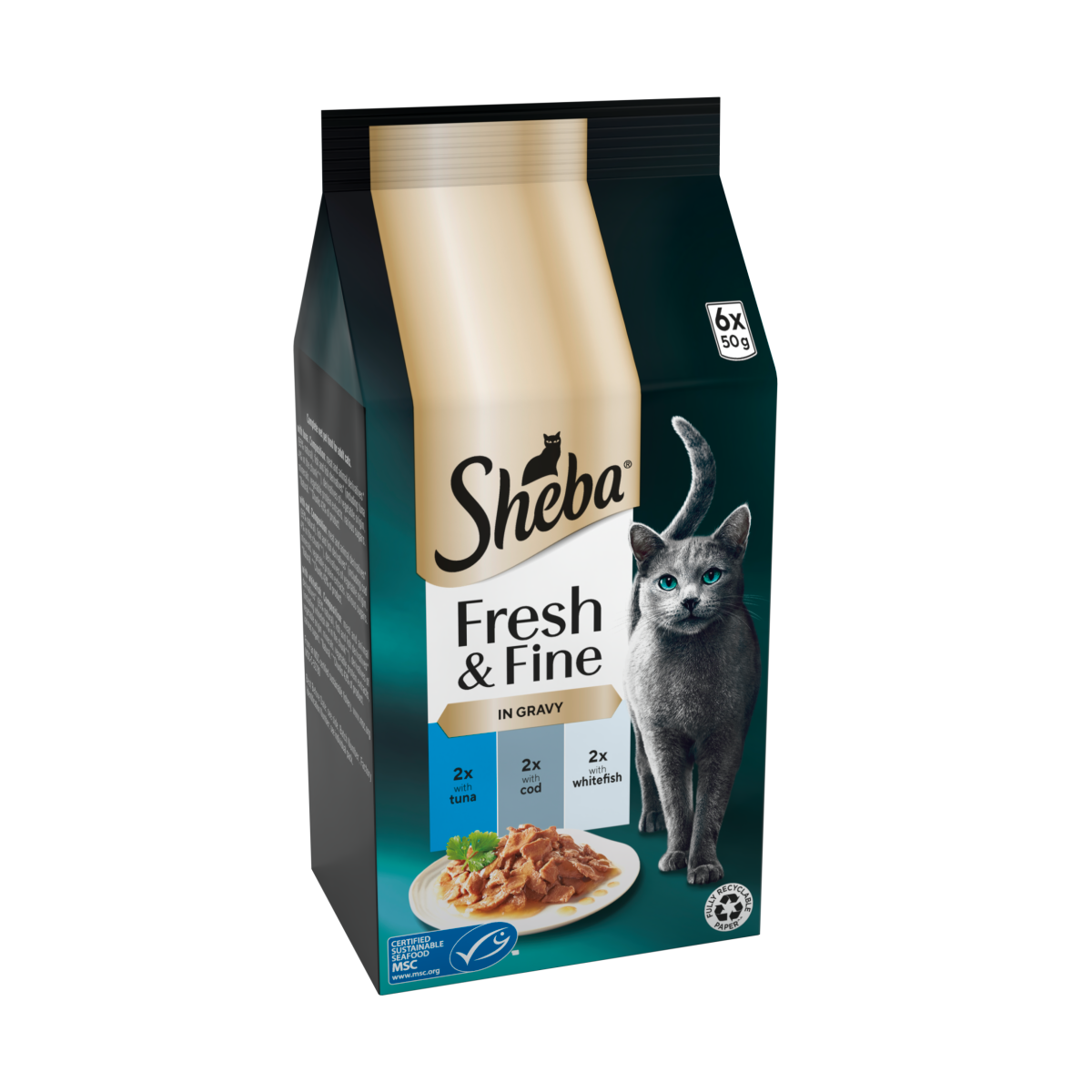SHEBA® Fresh & Fine Adult Wet Cat Food Tuna and Cod in Gravy 6x50g Pouches