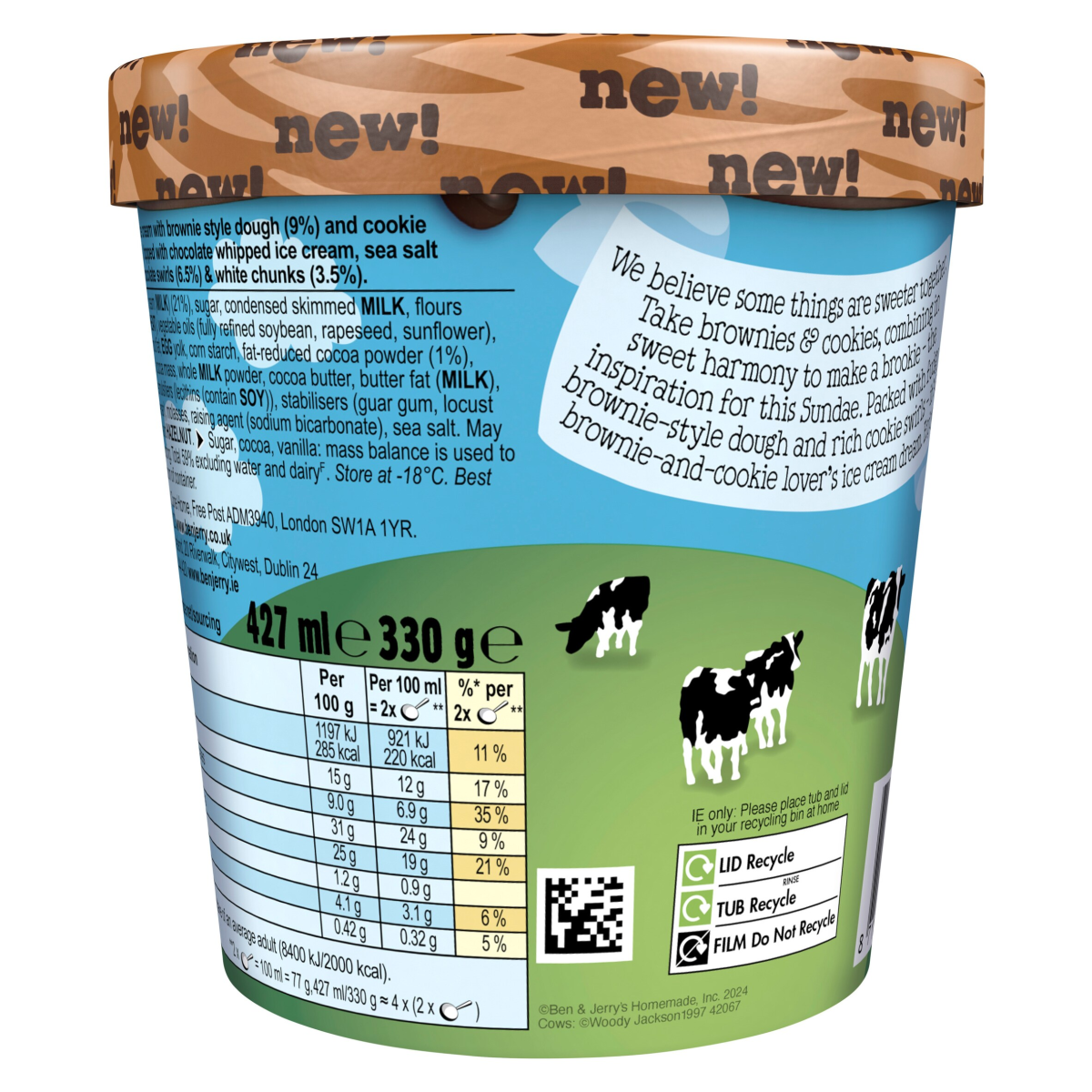 Ben & Jerry’s Sundae Ice Cream Tub Brookies & Cream 427 ML