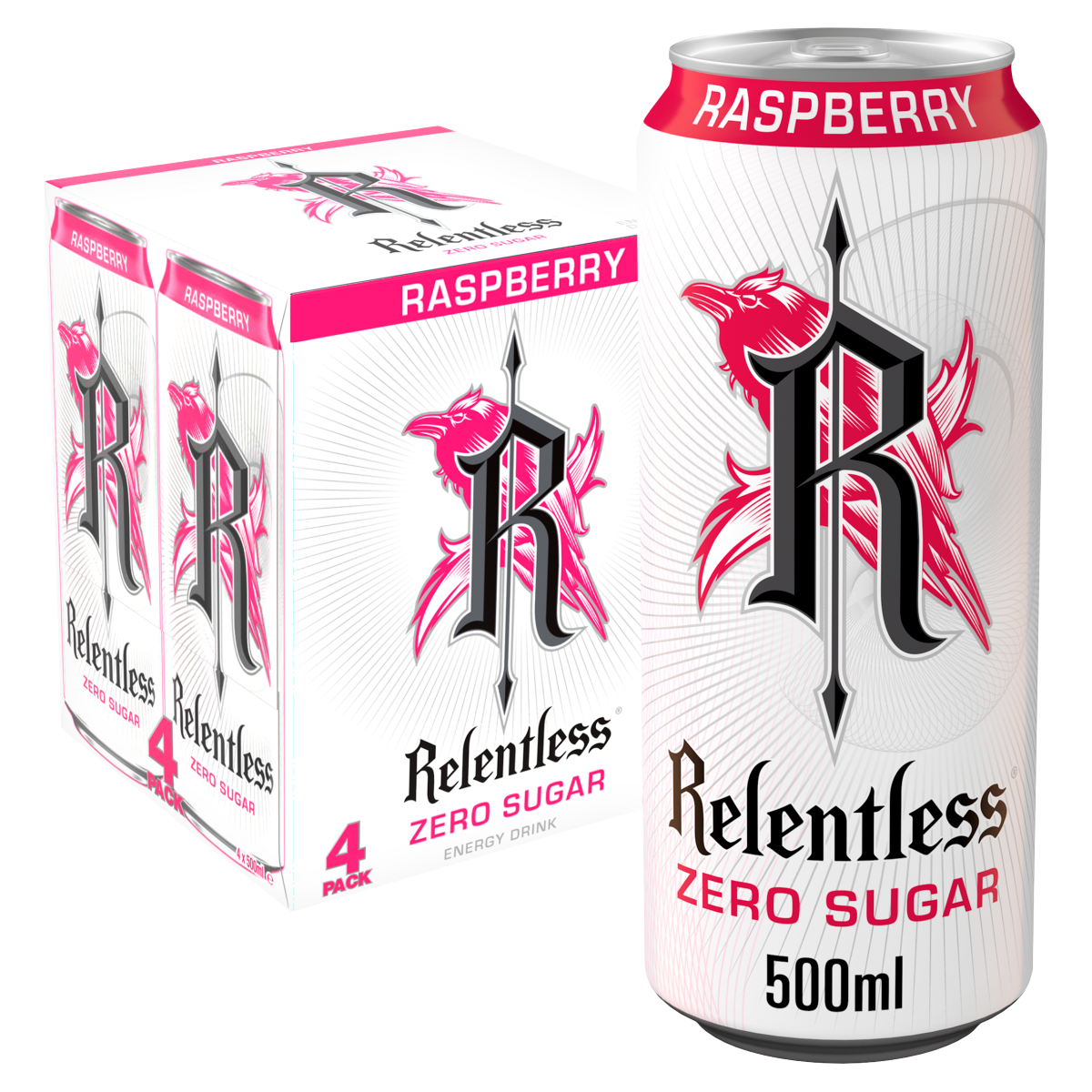 Relentless Zero Sugar Raspberry Energy Drink 4x500ml