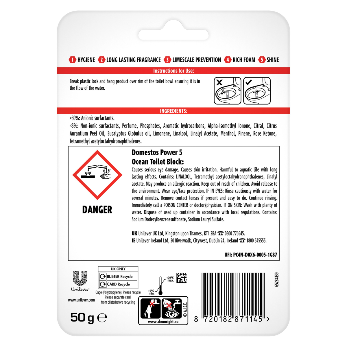 Domestos Power 5 Ocean Toilet Rim Block 50 g
