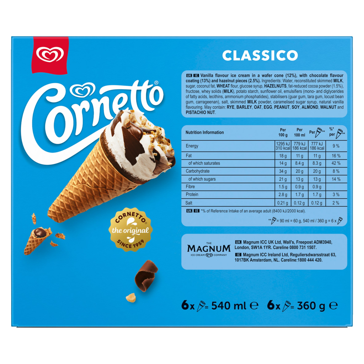 Cornetto Classico Ice Cream Cone 6x 90 ml