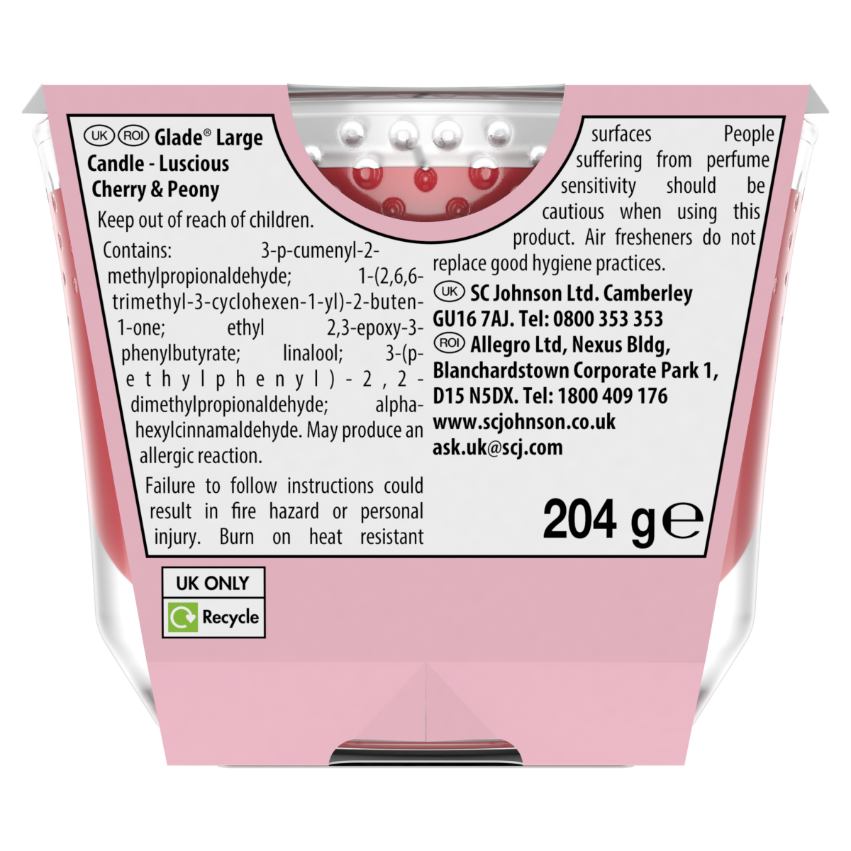 Glade Large Scented Candle Luscious Cherry & Peony Air Freshener 204g