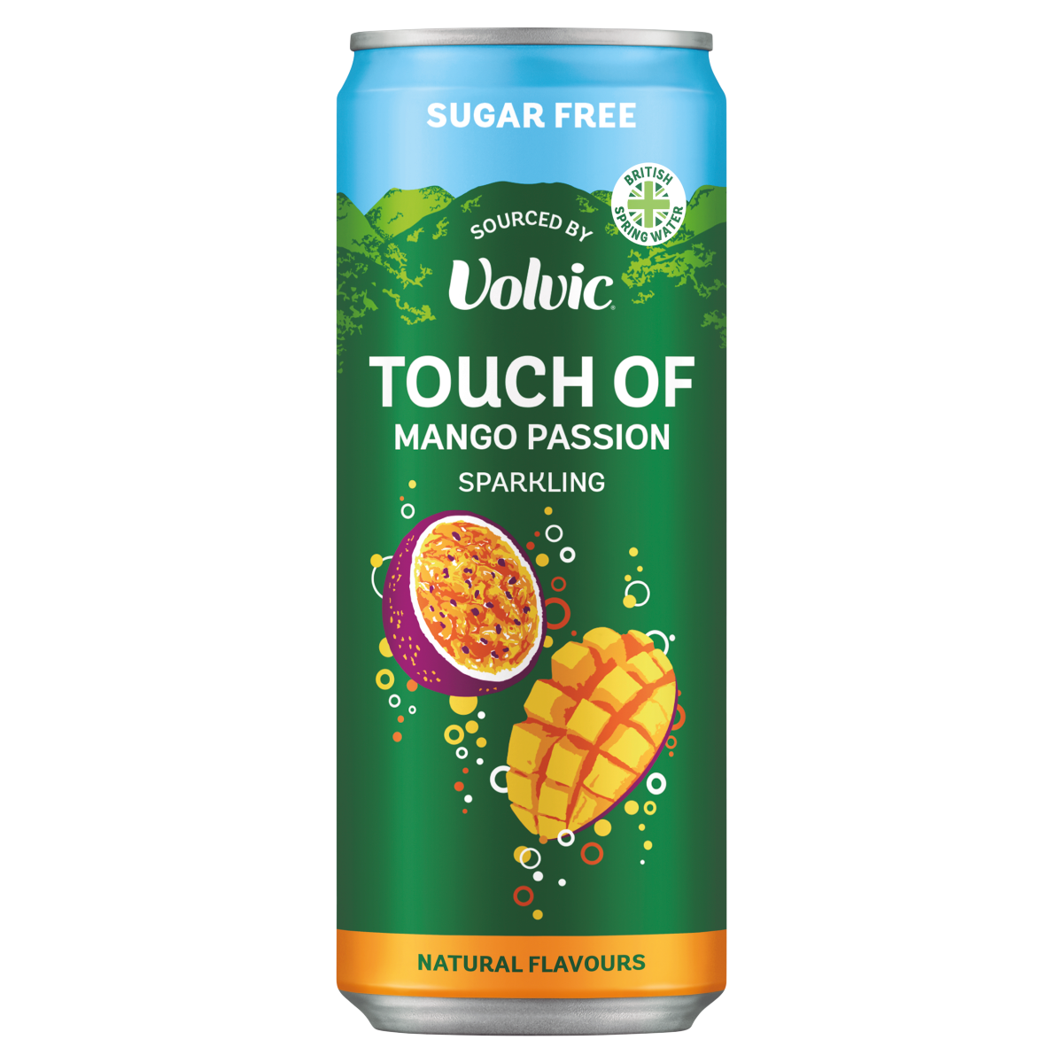 Touch of Mango Passion Sparkling Sugar Free Flavoured Water sourced by Volvic 330ml