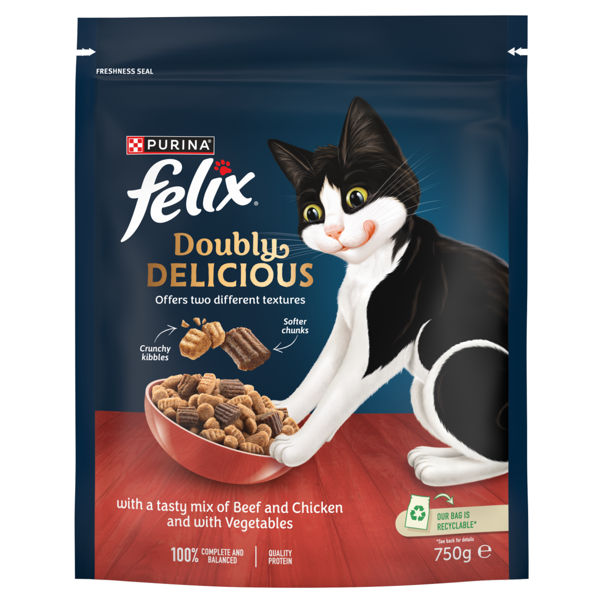 FELIX Doubly Delicious Beef, Chicken & Veg Dry Cat Food 750g