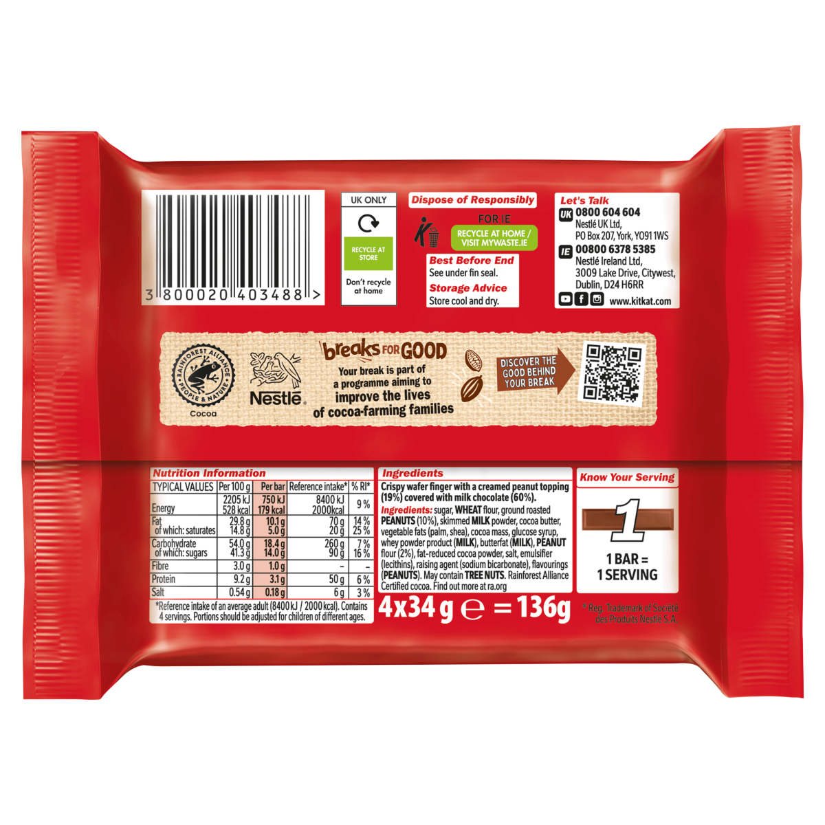 KitKat Chunky Peanut Butter Snacksize Bars 4 x 34g (136g)