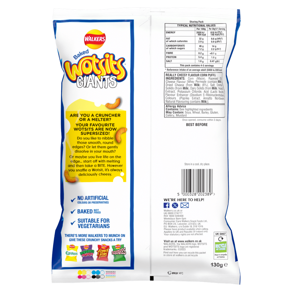 Wotsits Giants Really Cheesy Sharing Cheese Snacks Crisps 130g